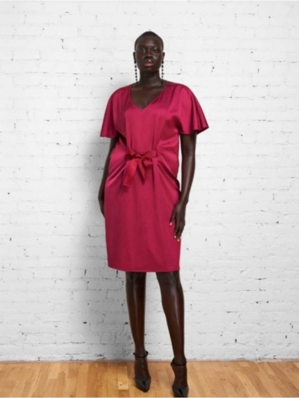 Universal Standard Satin Tie-Waist Midi Dress in Berry Pink
